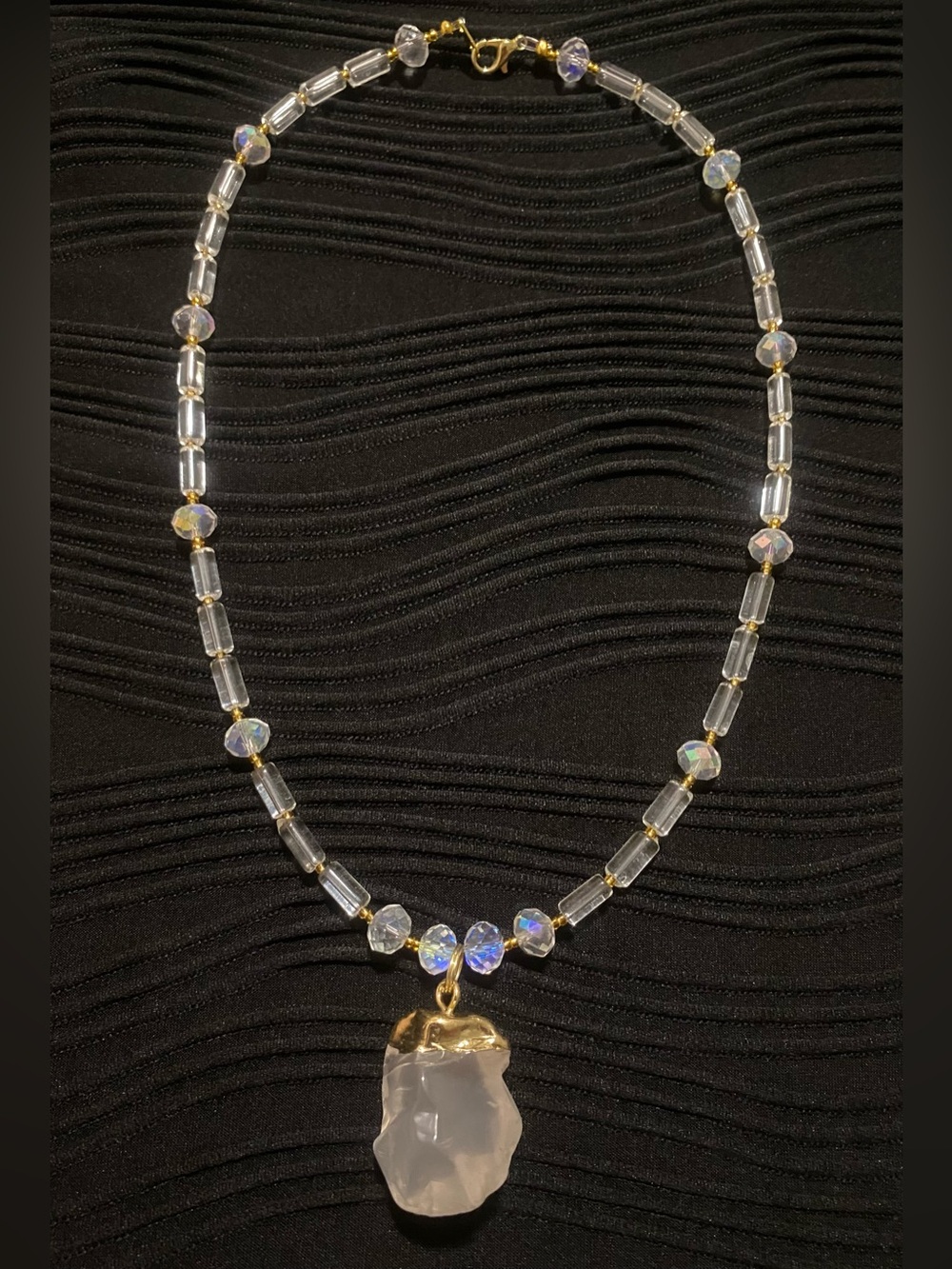 Handmade Clear Glass & Crystal Beaded Necklace with Quartz pendant